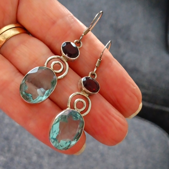 Blue Quartz and Garnet Sterling Silver Pierced Earrings - Picture 1 of 3